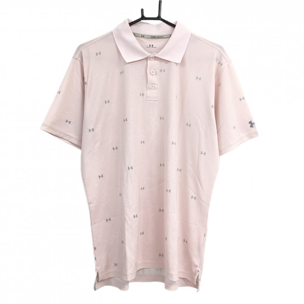 【美品】アンダーアーマー 半袖ポロシャツ ピンク×グレー ロゴ総柄 メンズ LG ゴルフウェア UNDER ARMOUR