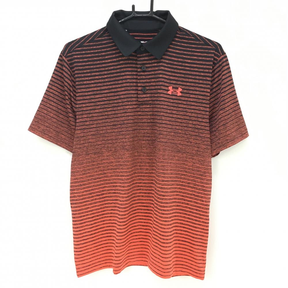 【美品】アンダーアーマー 半袖ポロシャツ 黒×オレンジ系 ボーダー メンズ MD/M/M ゴルフウェア UNDER ARMOUR