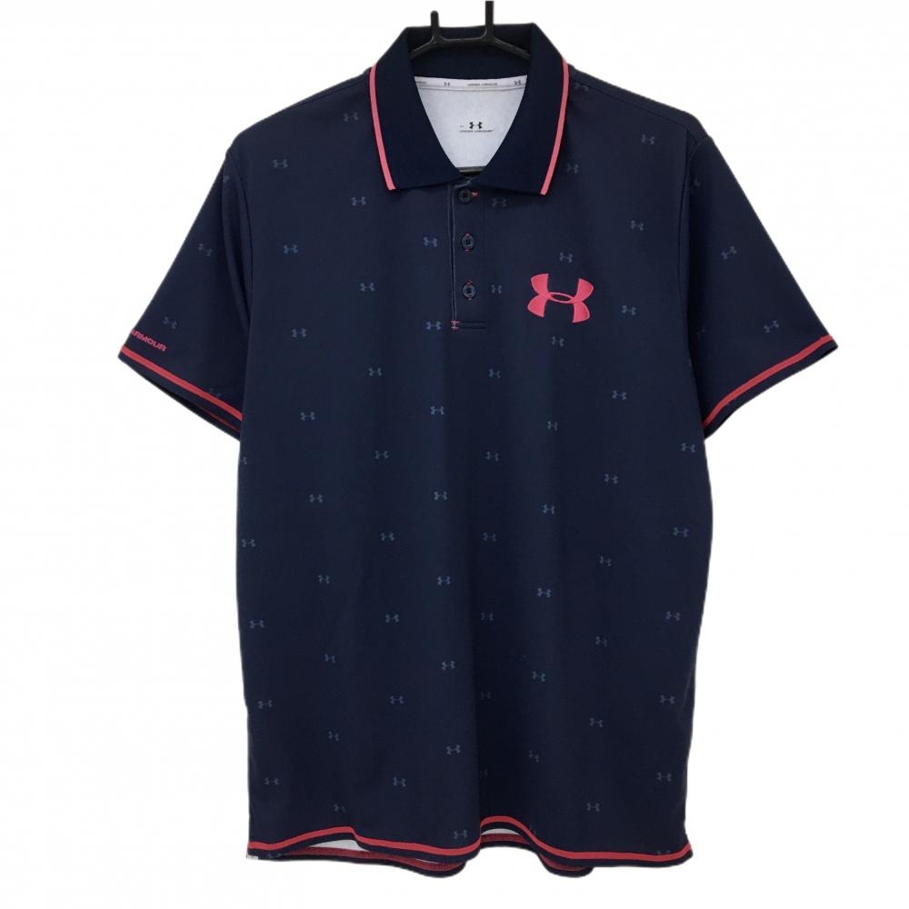 【美品】アンダーアーマー 半袖ポロシャツ ネイビー ロゴ総柄 ステッチピンク メンズ XL ゴルフウェア UNDER ARMOUR