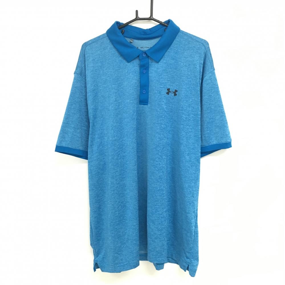 【美品】アンダーアーマー 半袖ポロシャツ 杢ブルー×ブルー ロゴプリント メンズ XXL ゴルフウェア 大きいサイズ UNDER ARMOUR