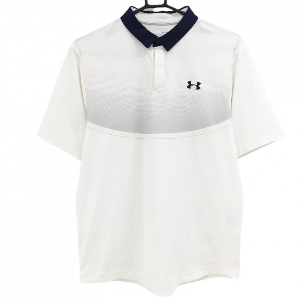 【超美品】アンダーアーマー 半袖ポロシャツ 白×ネイビー 胸元総柄 HEATGEAR  メンズ MD/M/M ゴルフウェア UNDER ARMOUR