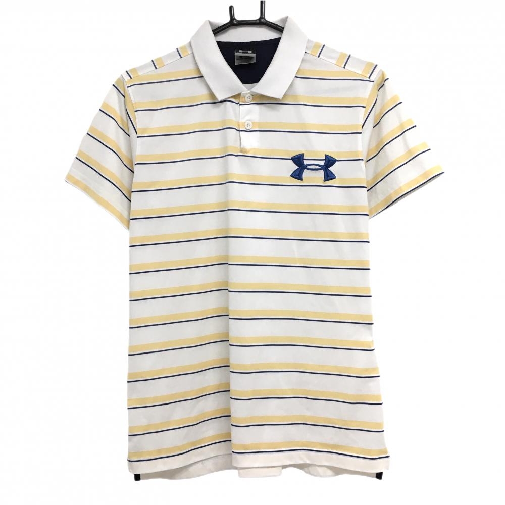 アンダーアーマー 半袖ポロシャツ アイボリー×オレンジイエロー ロゴネイビー ボーダー メンズ MM ゴルフウェア UNDER ARMOUR