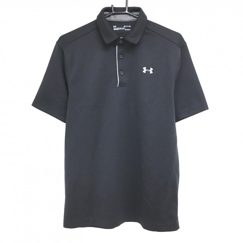 【超美品】アンダーアーマー 半袖ポロシャツ 黒 ロゴグレー ボーダー調織生地 メンズ SM/P/CH ゴルフウェア UNDER ARMOUR