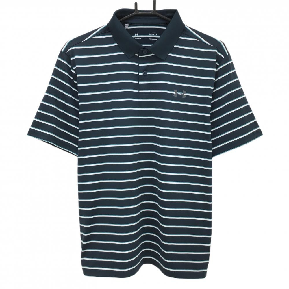 【美品】アンダーアーマー 半袖ポロシャツ ネイビー×白 ボーダー ロゴプリント メンズ MD/M/M ゴルフウェア UNDER ARMOUR