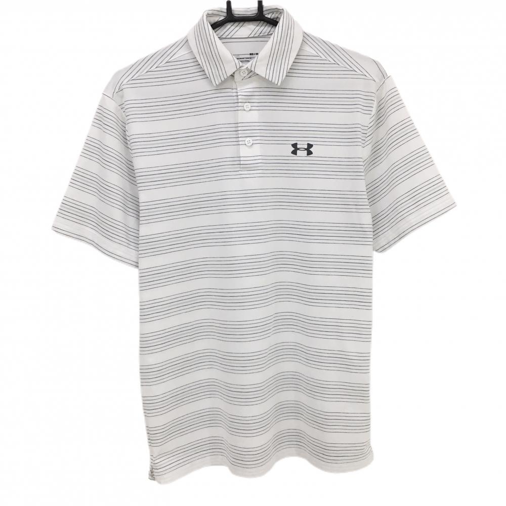【美品】アンダーアーマー 半袖ポロシャツ 白×グレー ボーダー 胸元ロゴ メンズ MD/M/M ゴルフウェア UNDER ARMOUR