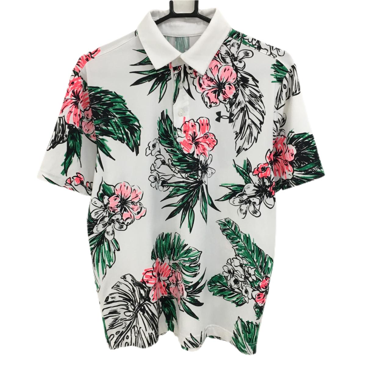 【美品】アンダーアーマー 半袖ポロシャツ 白×グリーン×蛍光ピンク 総柄 ハイビスカス メンズ SM ゴルフウェア UNDER ARMOUR