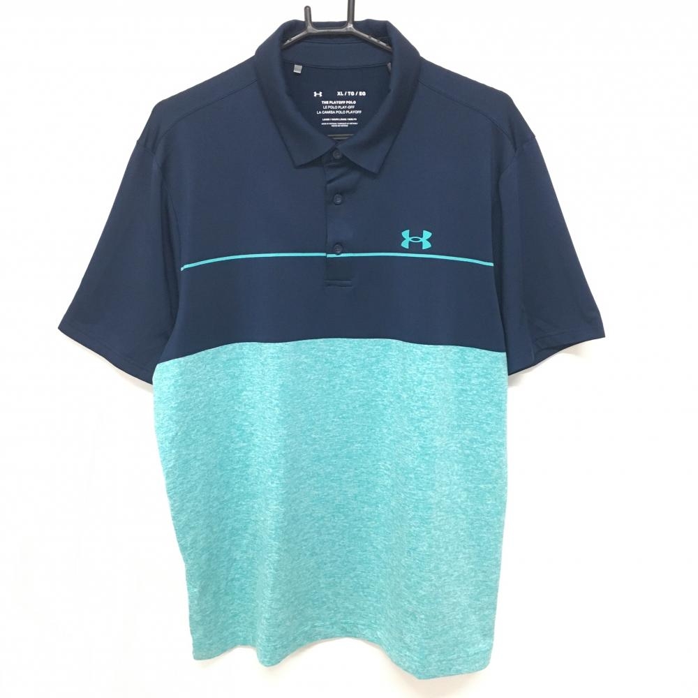 アンダーアーマー 半袖ポロシャツ ネイビー×エメラルドグリーン ロゴプリント  メンズ XL ゴルフウェア UNDER ARMOUR