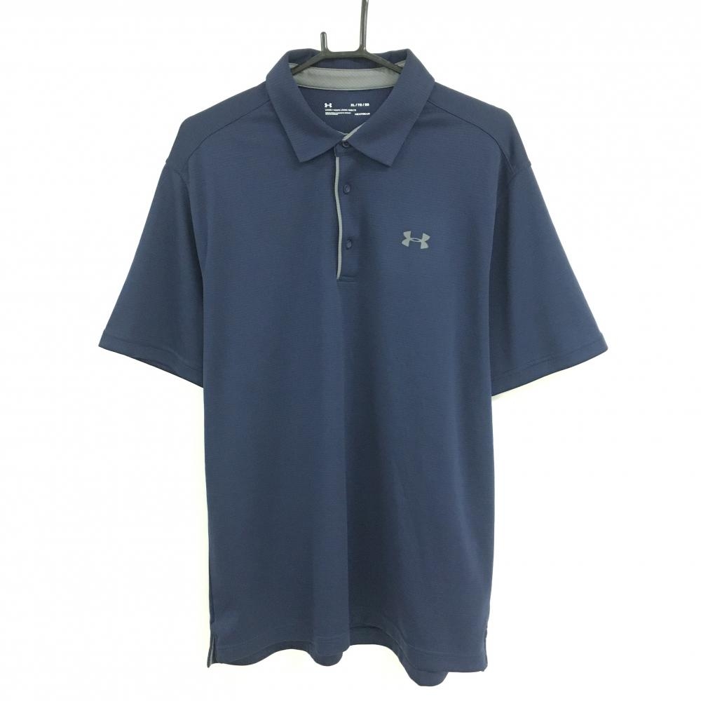 【超美品】アンダーアーマー 半袖ポロシャツ ネイビー ロゴグレー HEATGEAR メンズ XL/TG/EG ゴルフウェア UNDER ARMOUR