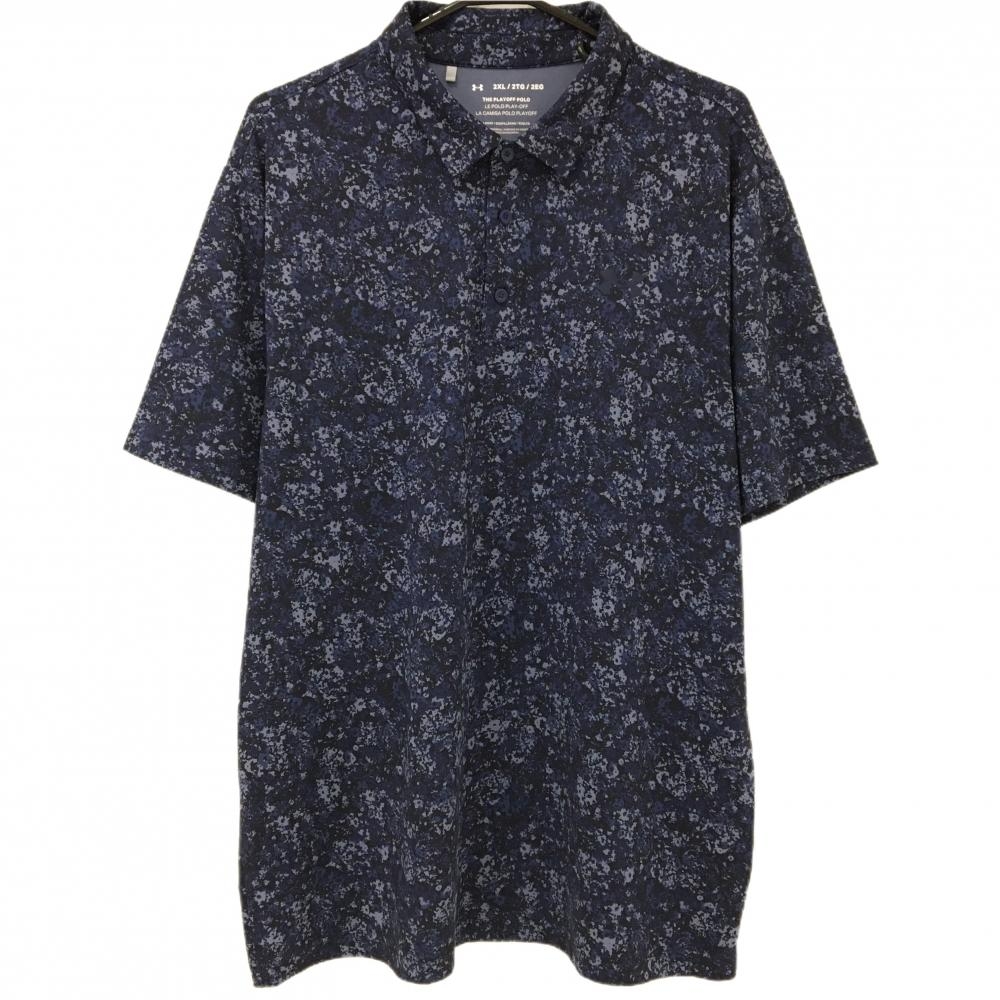 【超美品】アンダーアーマー 半袖ポロシャツ ネイビー 総柄  メンズ 2XL/2TG/2EG ゴルフウェア 大きいサイズ UNDER ARMOUR