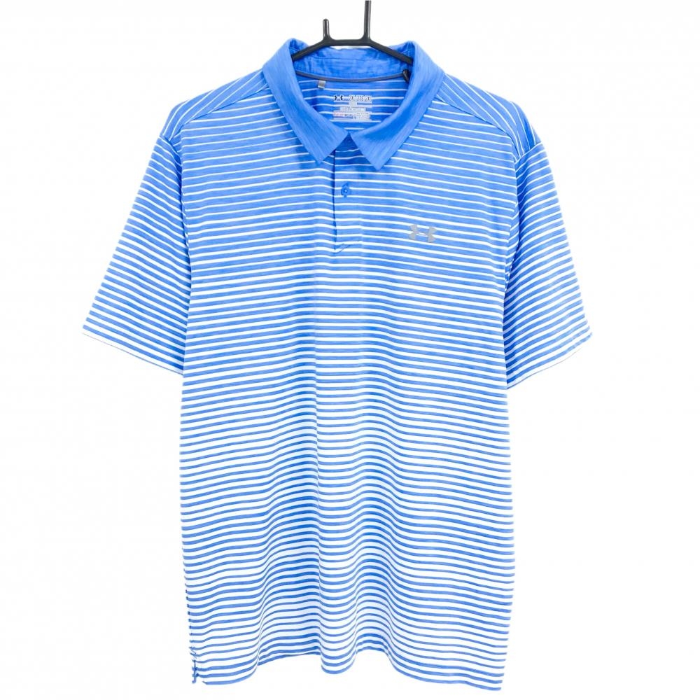 【超美品】アンダーアーマー 半袖ポロシャツ 杢ブルー×白 ボーダー メンズ 2XL/2TG/2XG ゴルフウェア 大きいサイズ UNDER ARMOUR