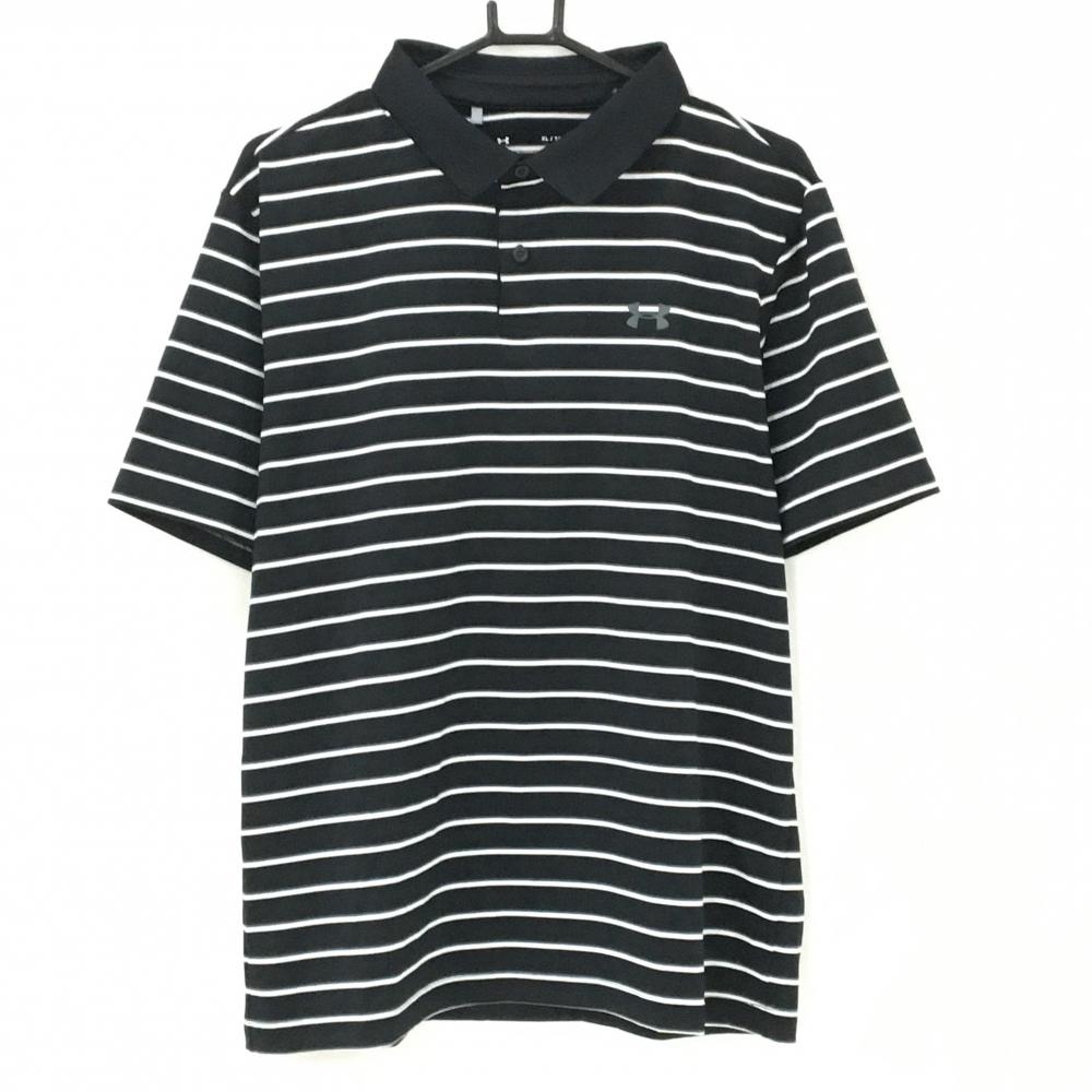 【超美品】アンダーアーマー 半袖ポロシャツ 黒×白 ボーダー HEATGEAR メンズ XL ゴルフウェア UNDER ARMOUR