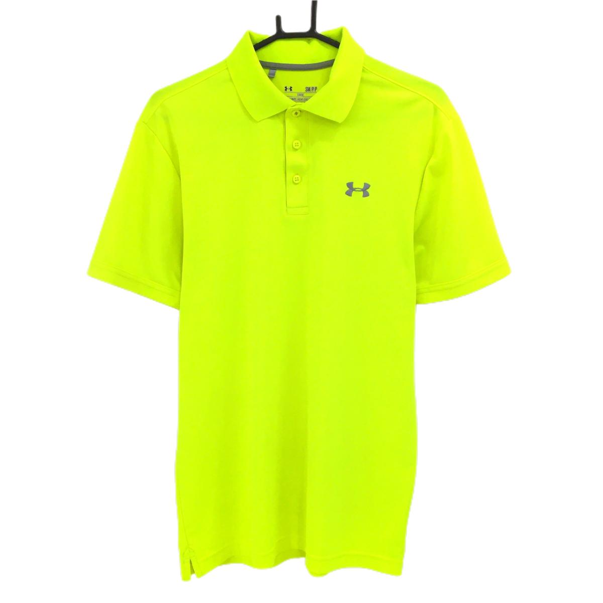【超美品】アンダーアーマー 半袖ポロシャツ 蛍光イエロー ヒートギア ロゴグレー メンズ SM/P/P ゴルフウェア UNDER ARMOUR