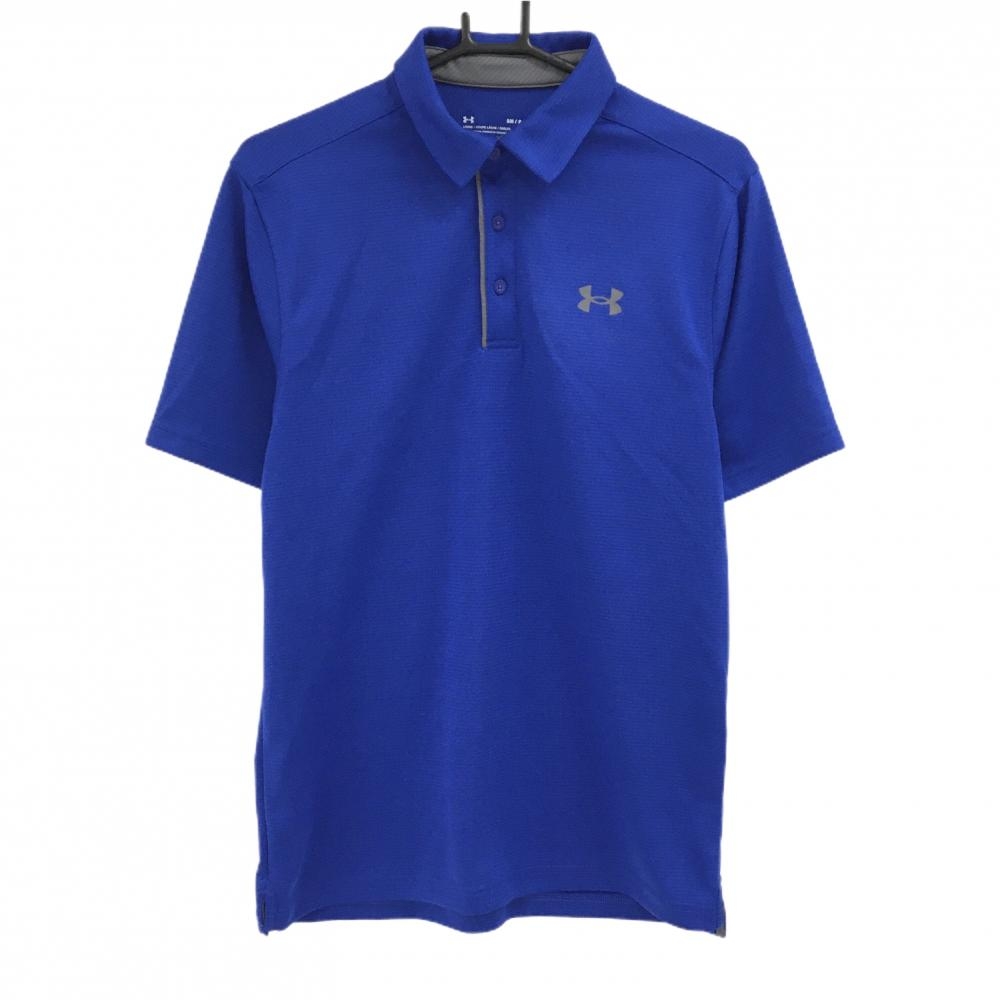【超美品】アンダーアーマー 半袖ポロシャツ ブルー×グレー ボーダー織生地 胸元ロゴ メンズ SM/P/CH ゴルフウェア UNDER ARMOUR