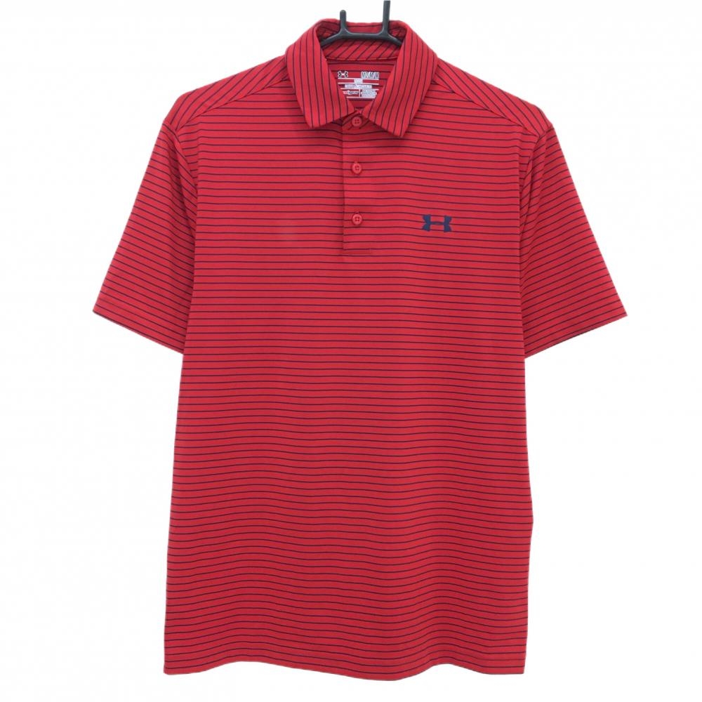 【超美品】アンダーアーマー 半袖ポロシャツ レッド×ネイビー ボーダー ロゴプリント メンズ M ゴルフウェア UNDER ARMOUR