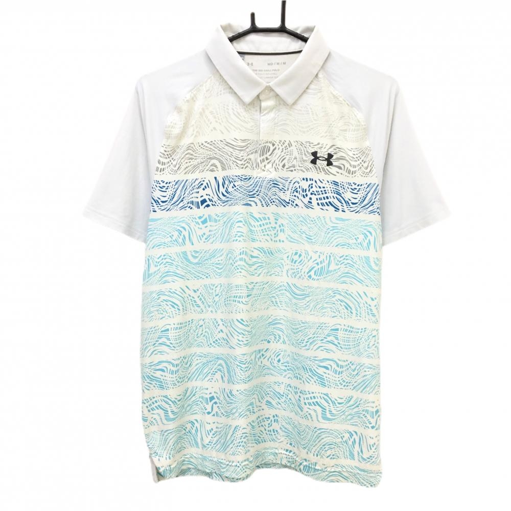 アンダーアーマー 半袖ポロシャツ 白×ライトブルー 身頃総柄 胸元ロゴ メンズ MD/M/M ゴルフウェア UNDER ARMOUR