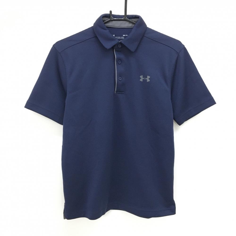 アンダーアーマー 半袖ポロシャツ ネイビー系 細ボーダー地模様 胸ロゴ メンズ SM(S) ゴルフウェア UNDER ARMOUR