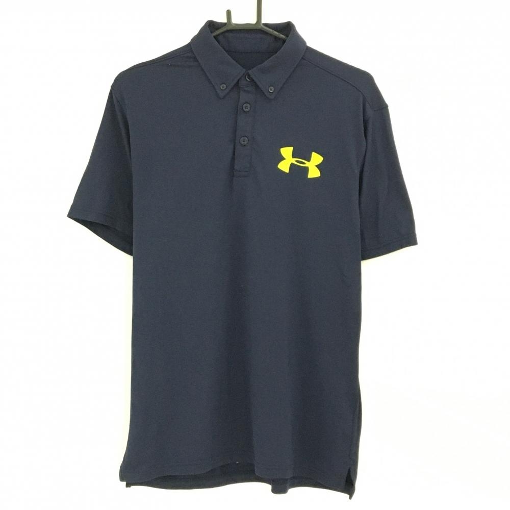 【超美品】アンダーアーマー 半袖ポロシャツ ネイビー ロゴイエロー ボタンダウン  メンズ MD ゴルフウェア UNDER ARMOUR