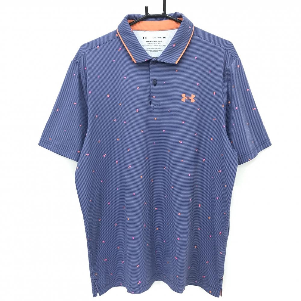 【超美品】アンダーアーマー 半袖ポロシャツ ネイビー×オレンジ ボーダー 総柄 胸元ロゴ メンズ XL/TG/EG ゴルフウェア UNDER ARMOUR