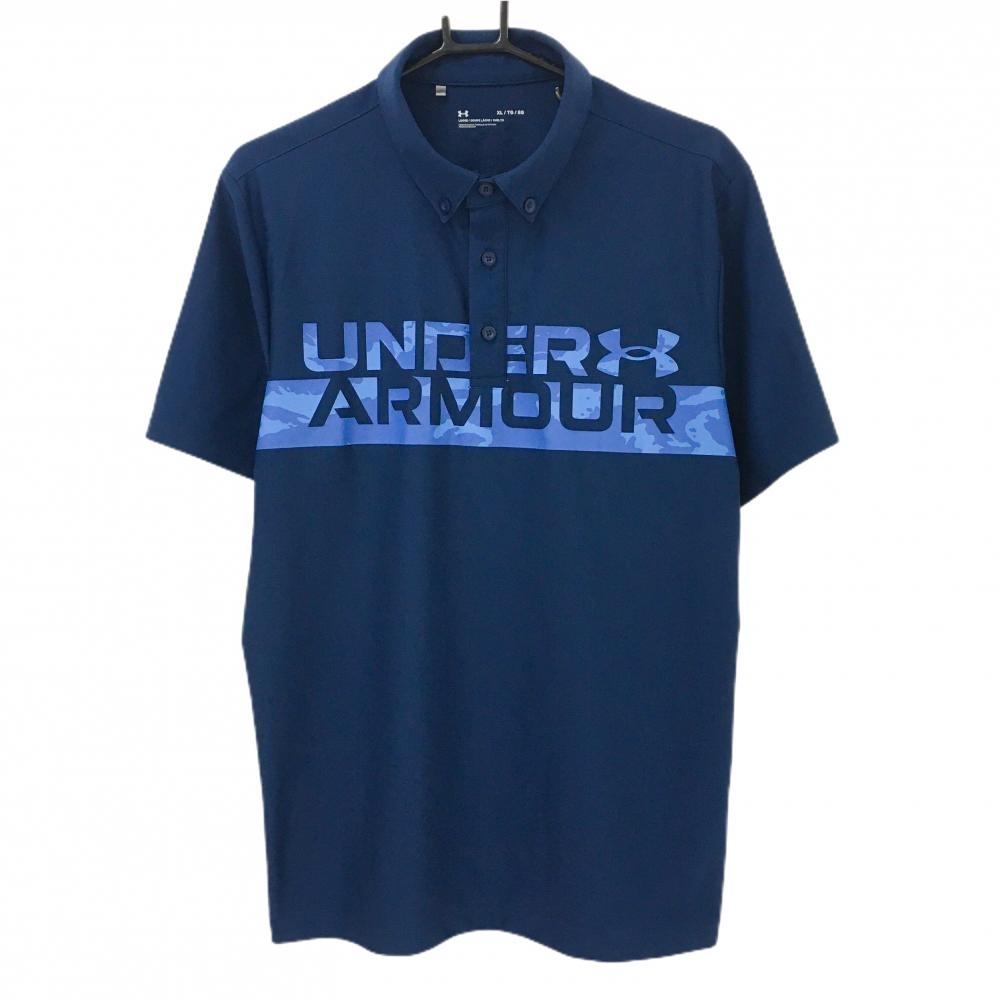 【美品】アンダーアーマー 半袖ポロシャツ　ネイビー×ブルー ロゴプリント メンズ XL ゴルフウェア UNDER ARMOUR