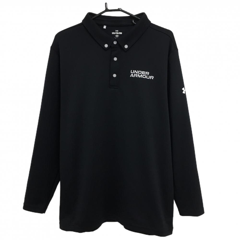 【超美品】アンダーアーマー 長袖ポロシャツ 黒×白 ロゴ刺しゅう ボタンダウン メンズ XXL ゴルフウェア 大きいサイズ UNDER ARMOUR