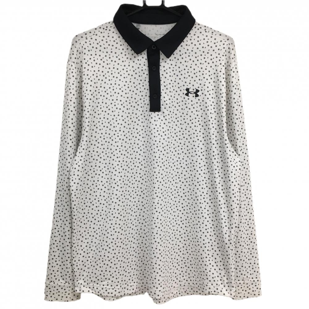 アンダーアーマー 長袖ポロシャツ 白×黒 総柄 胸元ロゴ メンズ XL ゴルフウェア UNDER ARMOUR