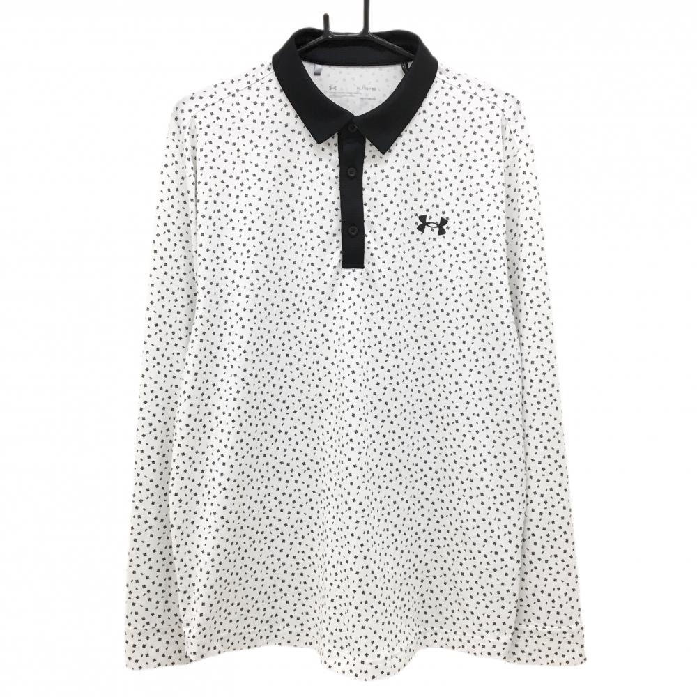 【美品】アンダーアーマー 長袖ポロシャツ 白×黒 総柄 胸ロゴリント メンズ XL/TG/EG ゴルフウェア UNDER ARMOUR