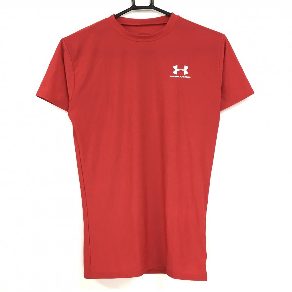 【超美品】アンダーアーマー Tシャツ レッド×白 ロゴ ストレッチ メンズ L ゴルフウェア UNDER ARMOUR