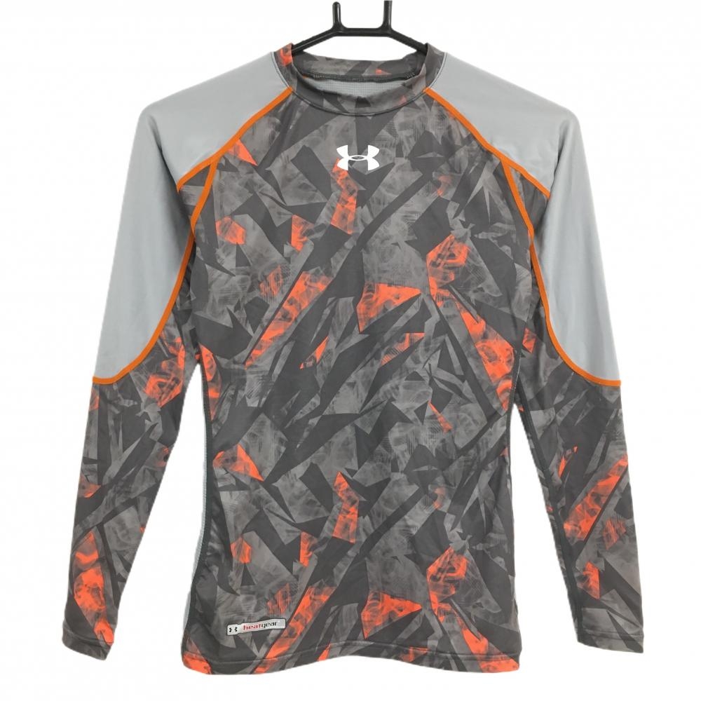 【美品】アンダーアーマー ハイネックインナーシャツ グレー×オレンジ 一部カモフラ調 heatgear  メンズ SM(S) ゴルフウェア UNDER ARMOUR