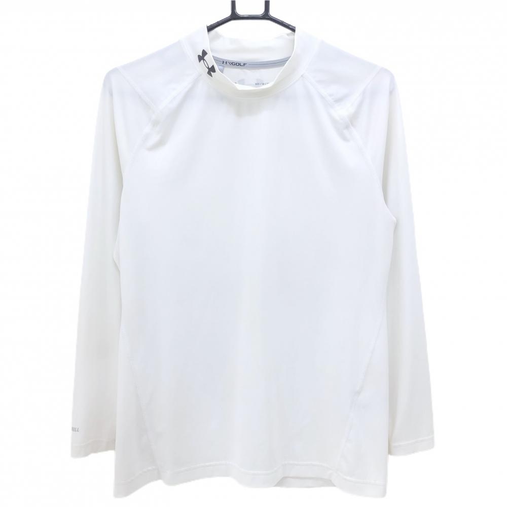 【美品】アンダーアーマー ハイネックインナーシャツ 白 ロゴ黒 ネック内側毛羽立ち メンズ MD/M/M ゴルフウェア UNDER ARMOUR