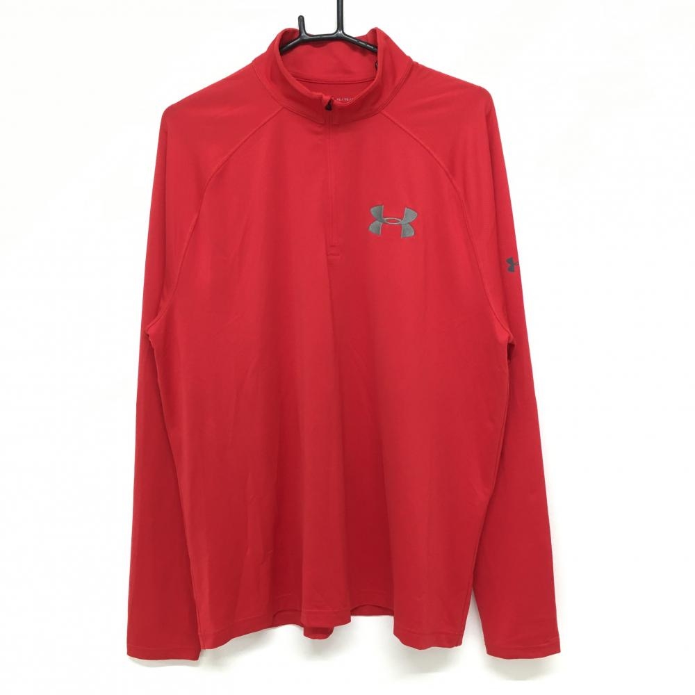 【美品】アンダーアーマー 長袖ハイネックシャツ レッド×グレー ハーフジップ LOOSE メンズ XL/TG/EG ゴルフウェア UNDER ARMOUR