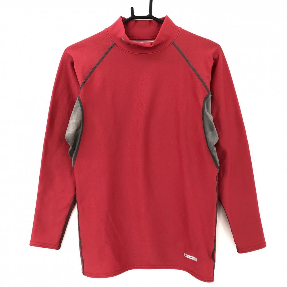 【超美品】アンダーアーマー 長袖ハイネックシャツ レッド×グレー 裏微起毛 メンズ LG ゴルフウェア UNDER ARMOUR
