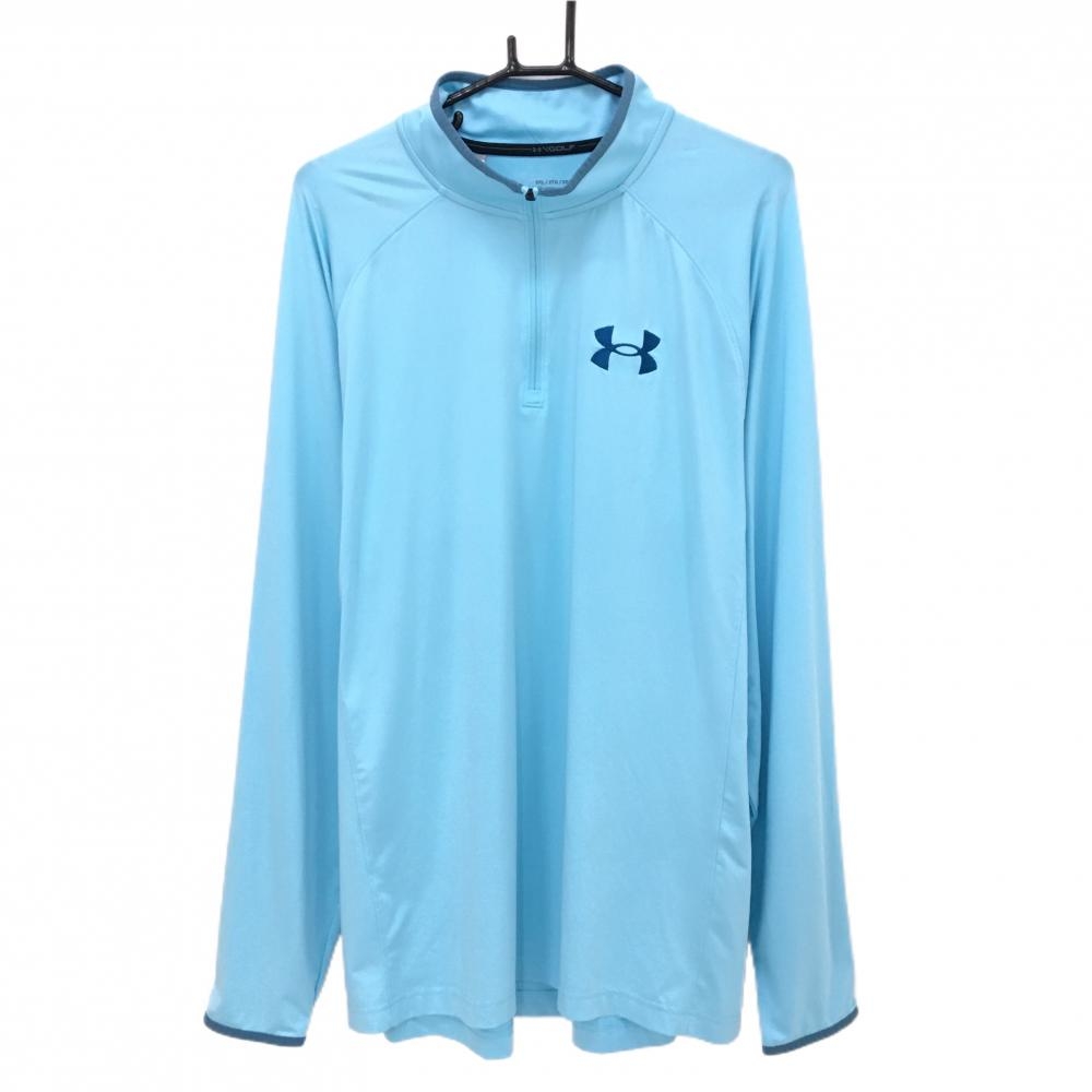 【美品】アンダーアーマー 長袖ハイネックシャツ ライトブルー×ブルー ハーフジップ メンズ 2XL ゴルフウェア UNDER ARMOUR