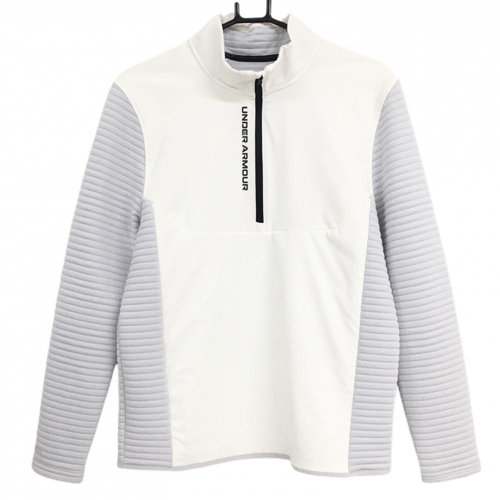 【美品】アンダーアーマー 長袖ハイネックシャツ 白×グレー 切替 ハーフジップ COLDGEAR メンズ MD/M/M ゴルフウェア UNDER ARMOUR