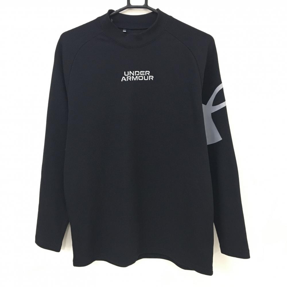 【超美品】アンダーアーマー 長袖ハイネックシャツ 黒 織生地 袖ビッグロゴ LOOSE メンズ LG ゴルフウェア 2023年モデル UNDER ARMOUR
