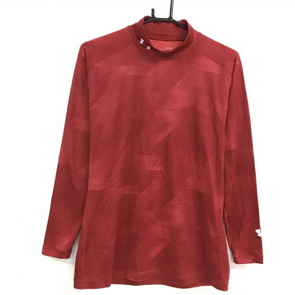 アンダーアーマー 長袖ハイネックシャツ レッド 総柄地模様 ロゴ白  メンズ LG/G/G ゴルフウェア UNDER ARMOUR