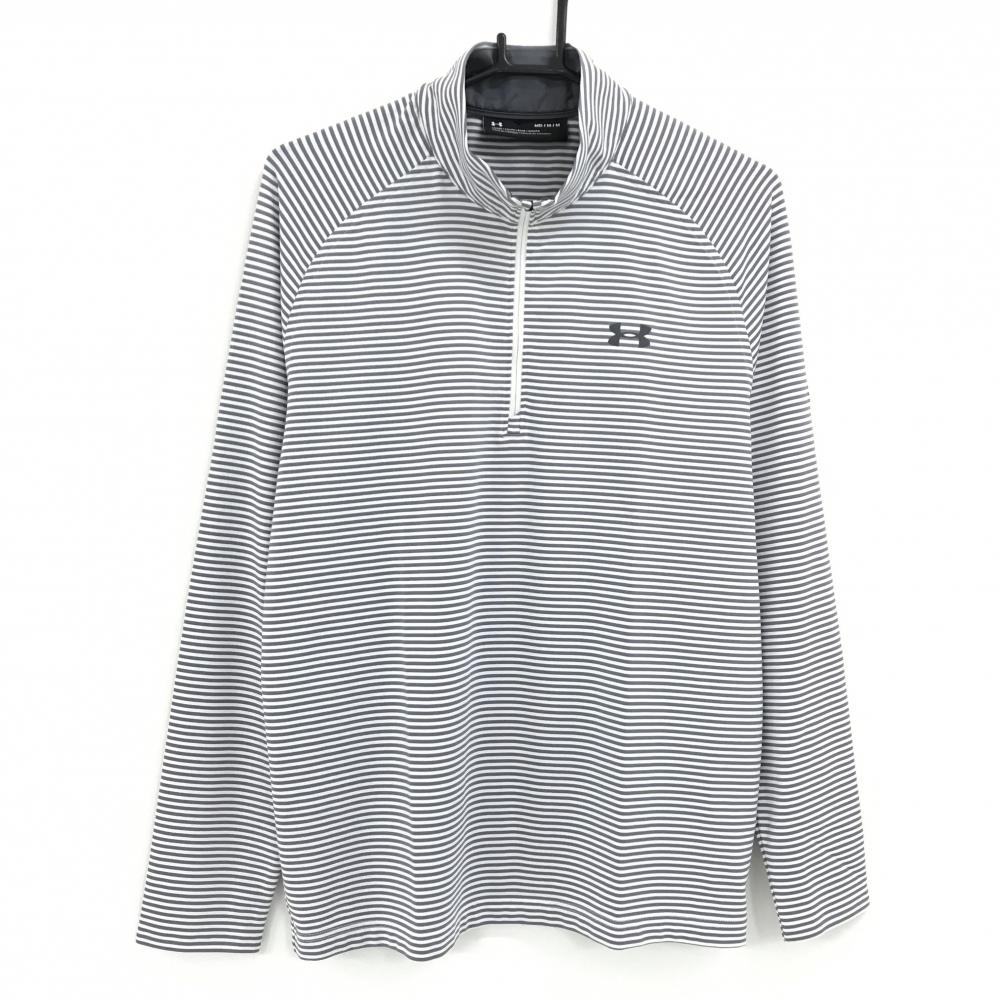 アンダーアーマー 長袖ハイネックシャツ 白×グレー ボーダー ハーフジップ メンズ M ゴルフウェア UNDER ARMOUR