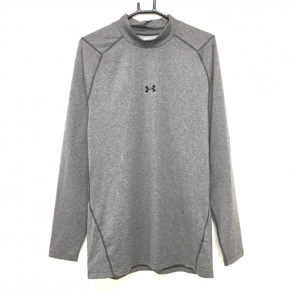 【超美品】アンダーアーマー 長袖ハイネックシャツ 杢グレー ロゴプリント 裏微起毛 メンズ 2XL/2TG/2EG ゴルフウェア UNDER ARMOUR