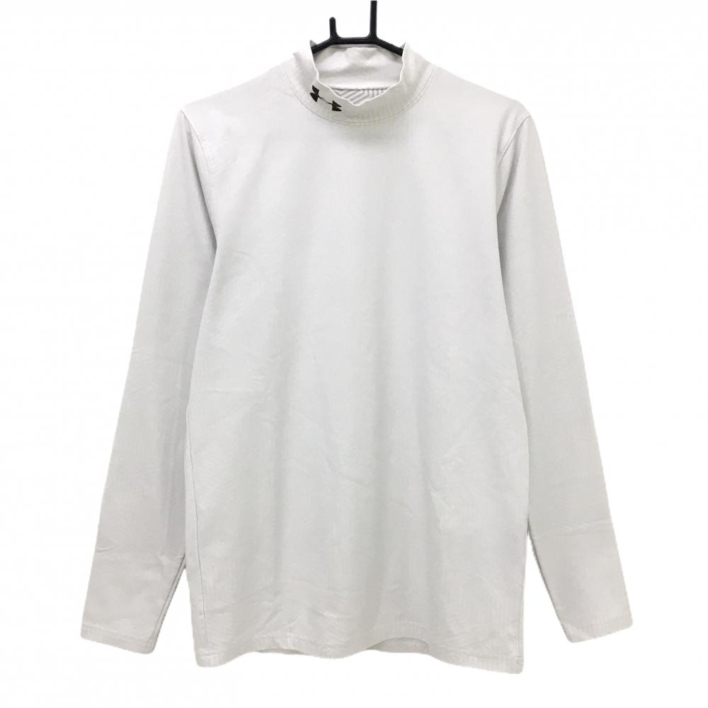 【美品】アンダーアーマー 長袖ハイネックシャツ 白×ライトグレー 地模様 ロゴ 裏微起毛 メンズ LG/G/G ゴルフウェア UNDER ARMOUR