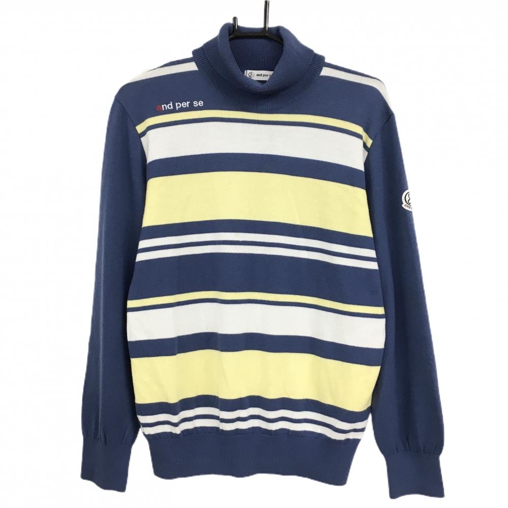 アンパスィ タートルネックセーター スモーキーブルー系×白×イエロー系 前ボーダー ウール混  メンズ M ゴルフウェア and per se