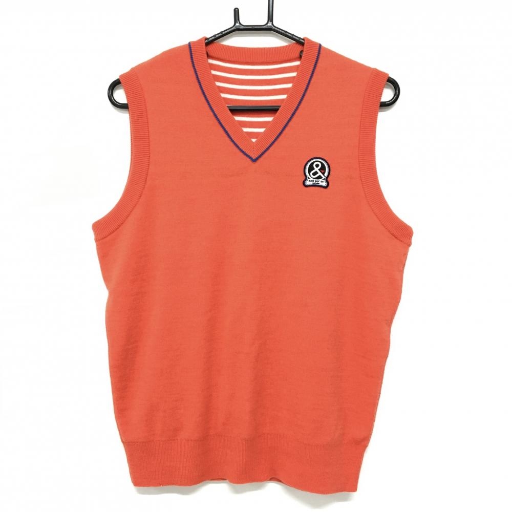 【超美品】アンパスィ リバーシブルニットベスト レッドオレンジ系 ウール混 Vネック ワッペン メンズ M ゴルフウェア and per se