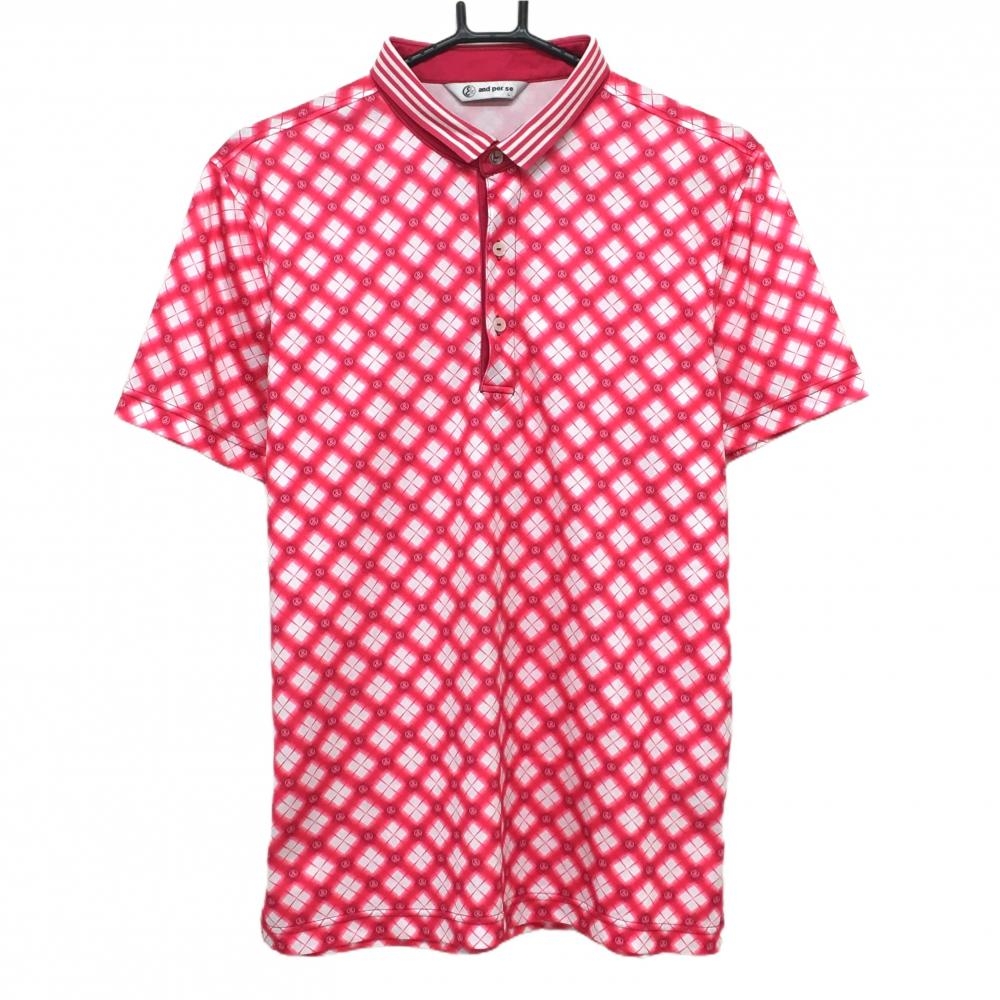 【超美品】アンパスィ 半袖ポロシャツ レッドピンク×白 ロゴ総柄 斜めチェック 前立て裏刺しゅう メンズ L ゴルフウェア and per se