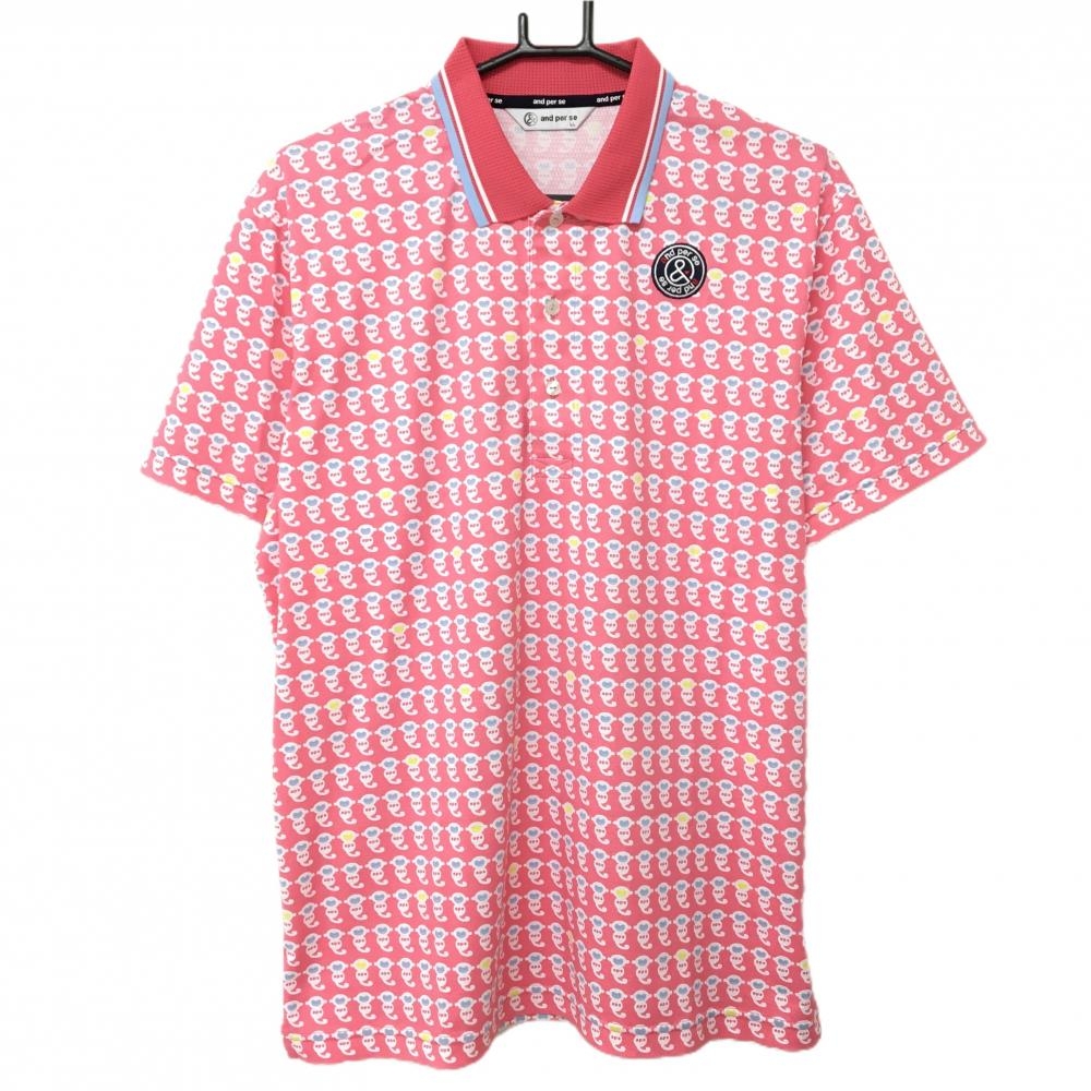 【超美品】アンパスィ 半袖ポロシャツ ピンク×白 モンキー柄 襟異素材 メンズ LL ゴルフウェア and per se