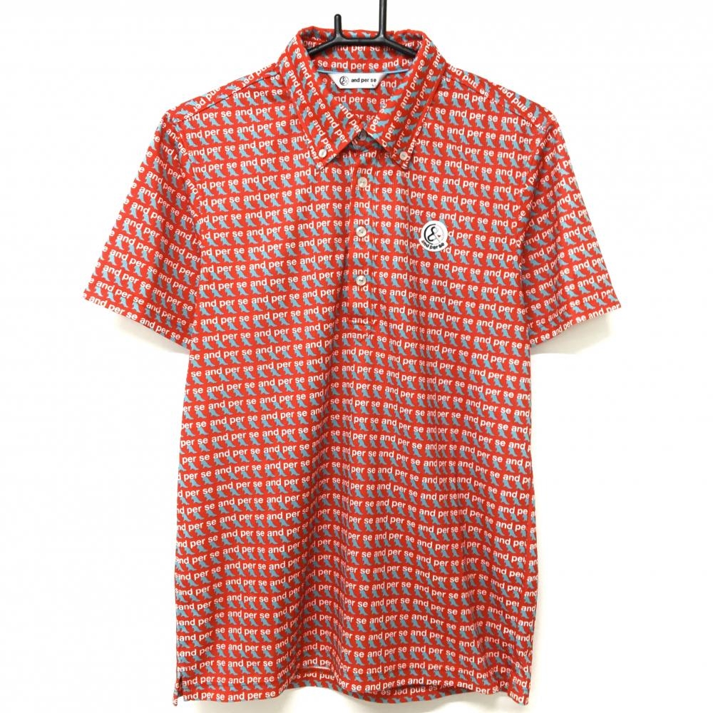 【超美品】アンパスィ 半袖ポロシャツ レッド×ブルー 総柄 ボタンダウン メンズ L ゴルフウェア and per se