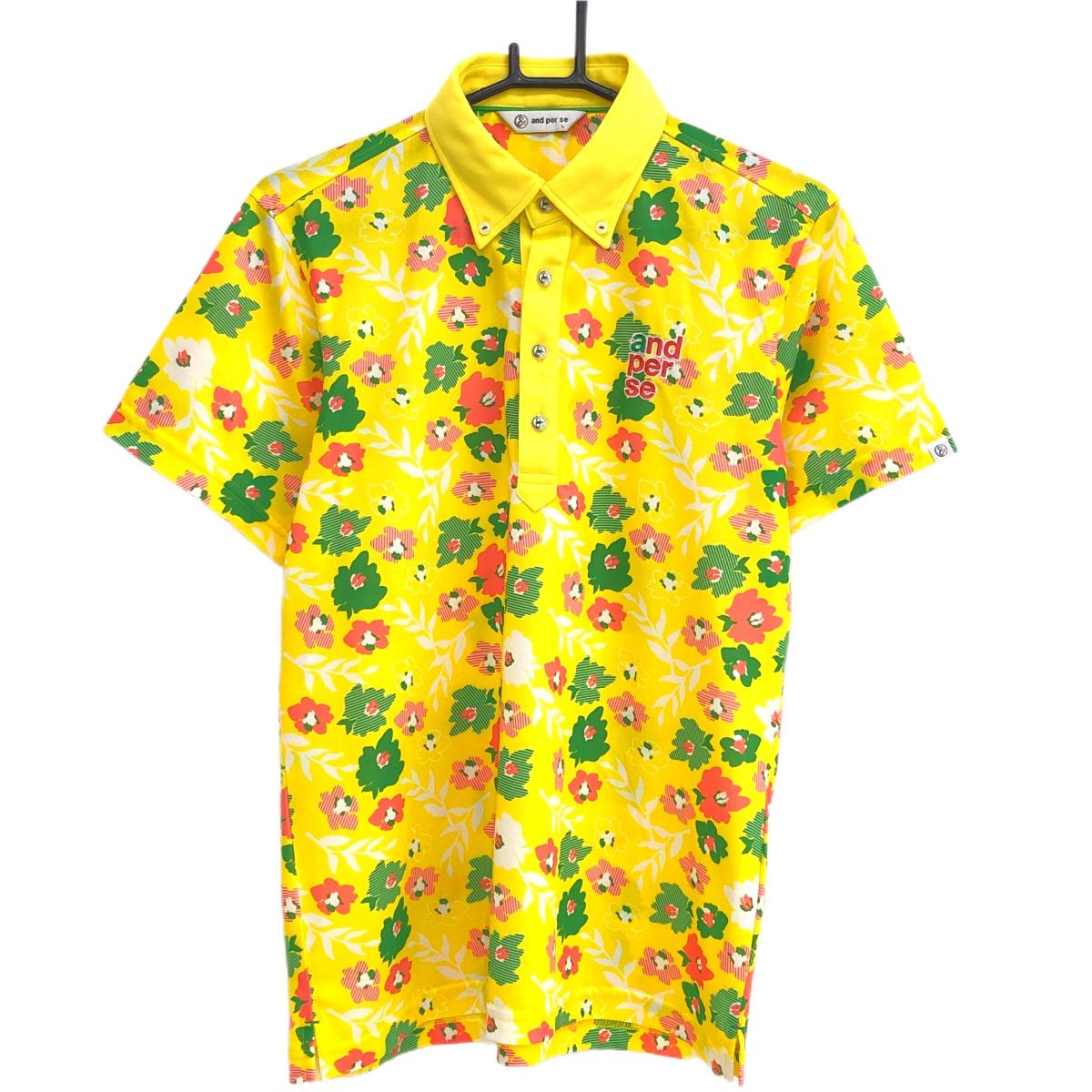【超美品】アンパスィ 半袖ポロシャツ イエロー×グリーン 花柄 ボタンダウン  メンズ L ゴルフウェア and per se