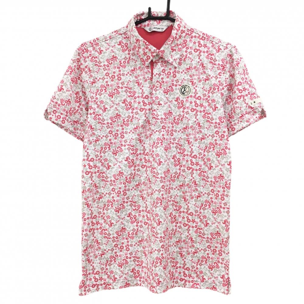 【美品】アンパスィ 半袖ポロシャツ 白×ピンク 総柄 花 メンズ M ゴルフウェア and per se