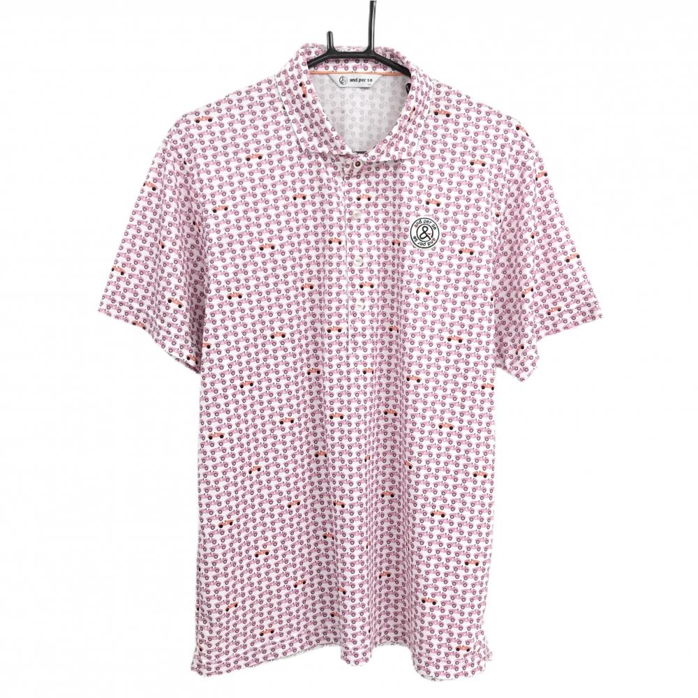 【超美品】アンパスィ 半袖ポロシャツ 白×ピンク クルマ総柄 ワッペン メンズ LL ゴルフウェア and per se