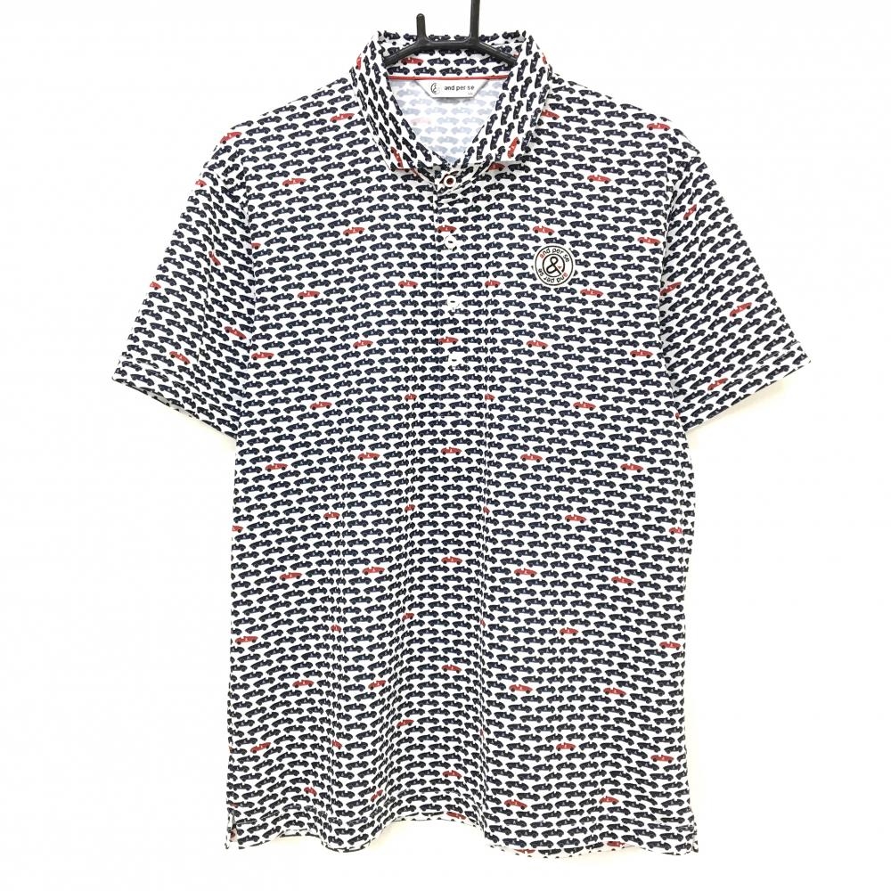 【超美品】アンパスィ 半袖ポロシャツ 白×ネイビー 車総柄 ロゴワッペン メンズ LL ゴルフウェア and per se