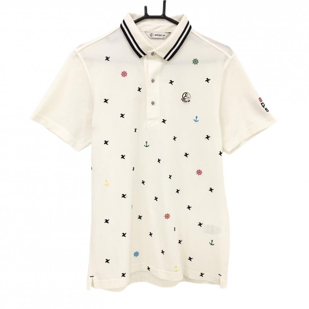 アンパスィ 半袖ポロシャツ アイボリー×ネイビー 総柄 胸ロゴ  メンズ LL ゴルフウェア and per se