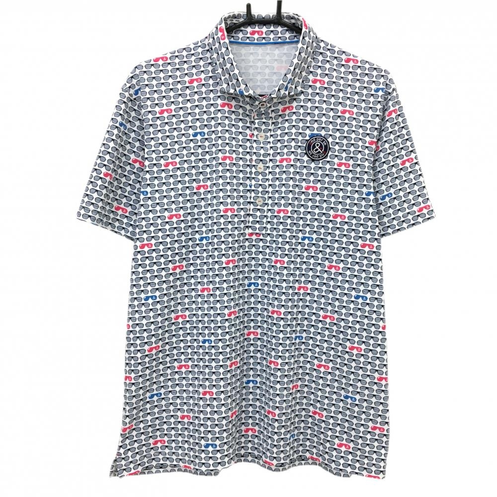 【超美品】アンパスィ 半袖ポロシャツ 白×ネイビー×ピンク メガネ総柄 ワッペン メンズ  ゴルフウェア and per se