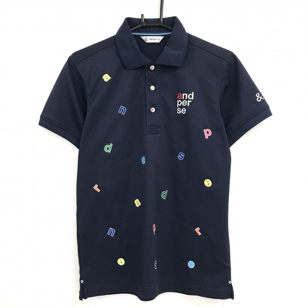 【美品】アンパスィ 半袖ポロシャツ ネイビー アルファベット刺しゅう 総柄 メンズ M ゴルフウェア and per se